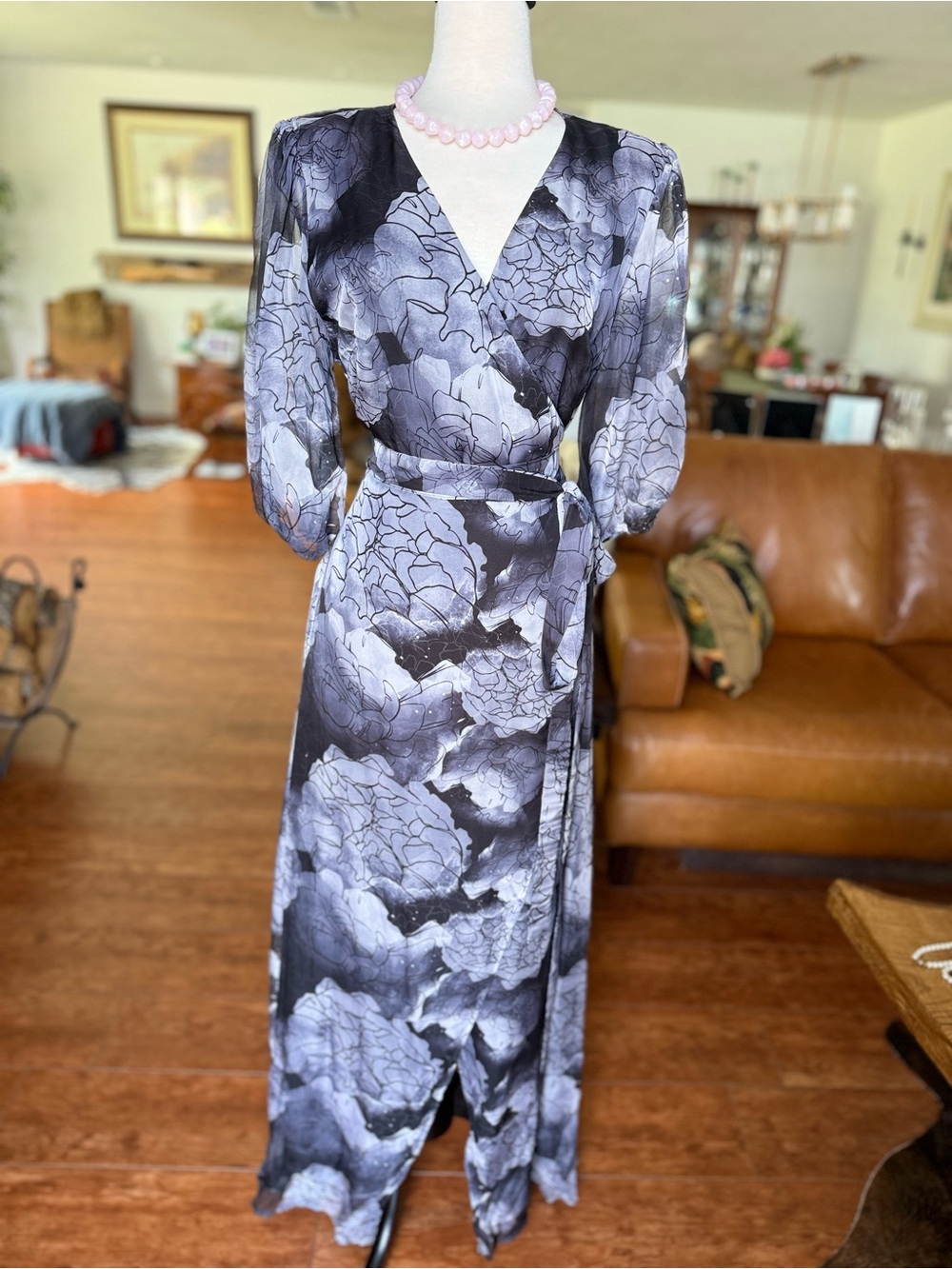 🖤 KATAKOMB Floral Wrap Retro Maxi Dress in Gray and Black Watercolor